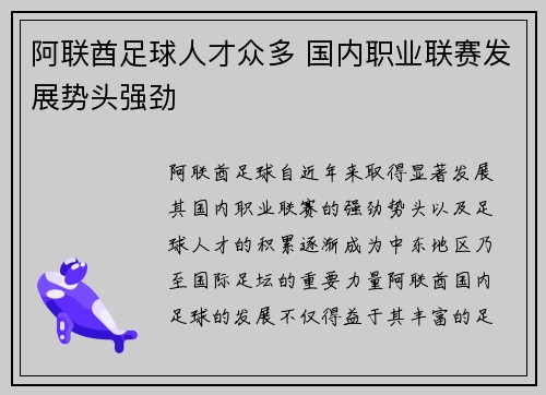 阿联酋足球人才众多 国内职业联赛发展势头强劲 阿联酋足球人才众多 国内职业联赛发展势头强劲